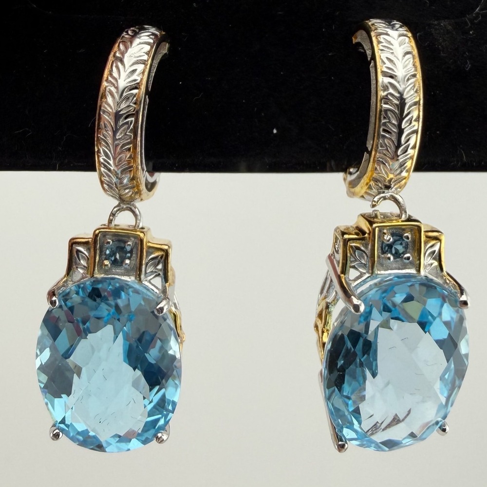 NH Michael Valitutti Blue Topaz Earrings 925 Sterling Silver Two Tone Dangle